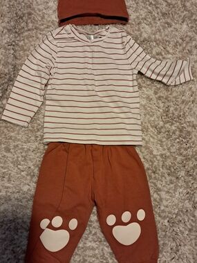 Kids Rust Stripe Pajama Set with Paw Print Pants